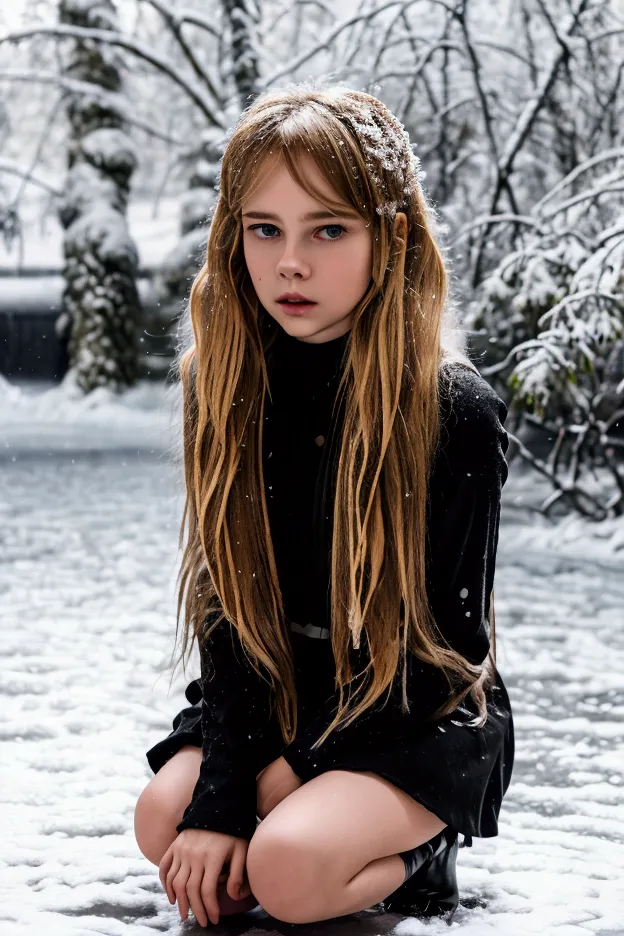 masterpiece, the best quality, 13-year-old russian girl, adolescent, blonde woman, curly, uncombed medium length hair, snow in w...