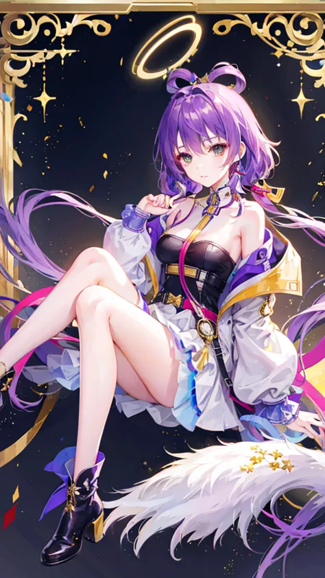 hair intake，a young girl，purple hair，halo，trench coat，boots，serious expression，red eye，（high quality），gold decoration，neck strap...