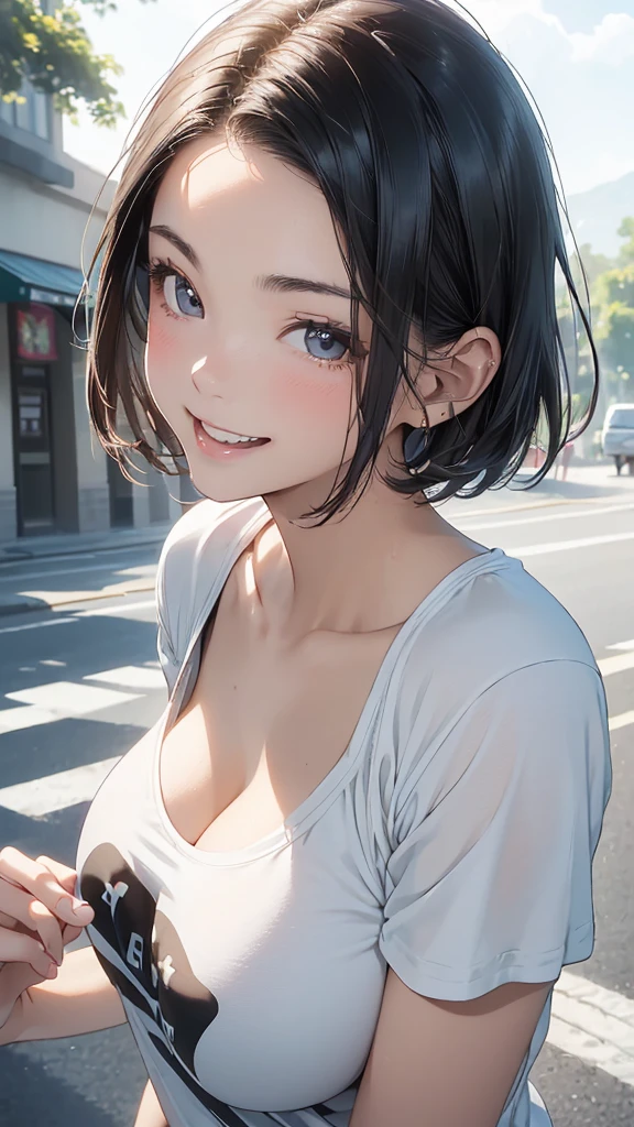 young woman、smile、(Wide forehead visible)、((Short Hair、Very large breasts))、blush、((masterpiece、High resolution、16K))、((Active summer clothing))、(Very close:1.5)、In town、(Focus on the upper body:1.5)、((Laugh with your mouth wide open))