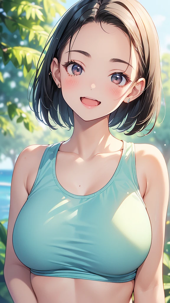 young woman、smile、(Wide forehead visible)、((Short Hair、Very large breasts))、blush、((masterpiece、High resolution、16K))、((Active summer clothing))、(Very close:1.5)、In town、(Focus on the upper body:1.5)、((Laugh with your mouth wide open))