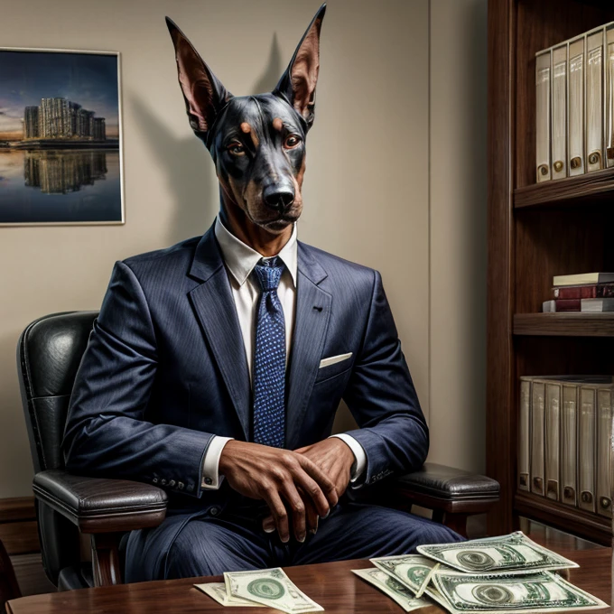 Doberman dog wearing a suit and tie sitting on an armchair in the office with dollar bills on the table 