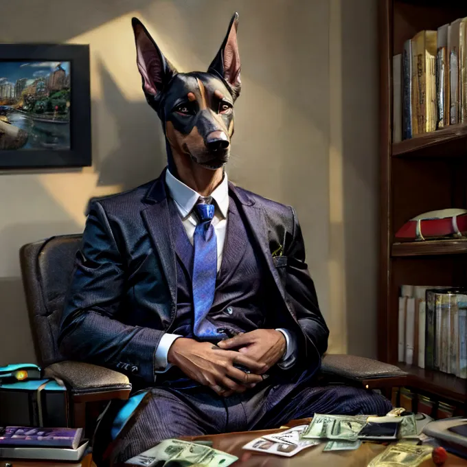 doberman dog wearing a suit and tie sitting on an armchair in the office with dollar bills on the table