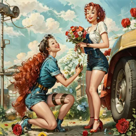 pinup masterpiece, old rusty robot standing on one knee, robot giving bouquet of roses to curly red-haired girl in mechanic's ov...