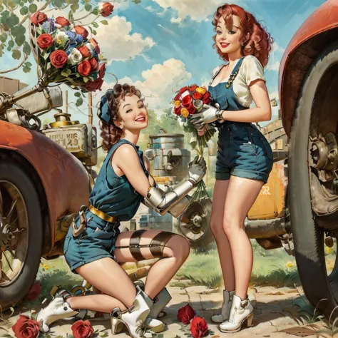 pinup masterpiece, old rusty robot standing on one knee, robot giving bouquet of roses to curly red-haired girl in mechanic's ov...