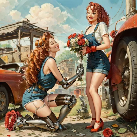 pinup masterpiece, old rusty robot standing on one knee, robot giving bouquet of roses to curly red-haired girl in mechanic's ov...