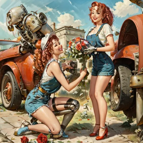 pinup masterpiece, old rusty robot standing on one knee, robot giving bouquet of roses to curly red-haired girl in mechanic's ov...