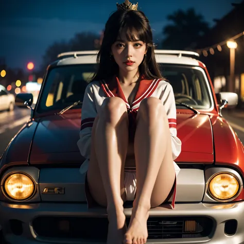 sfw, (closeup from crotch to face) extremelydetailed (schoolgirl lean against the car) spread knees up, perfect face, brilliant(...