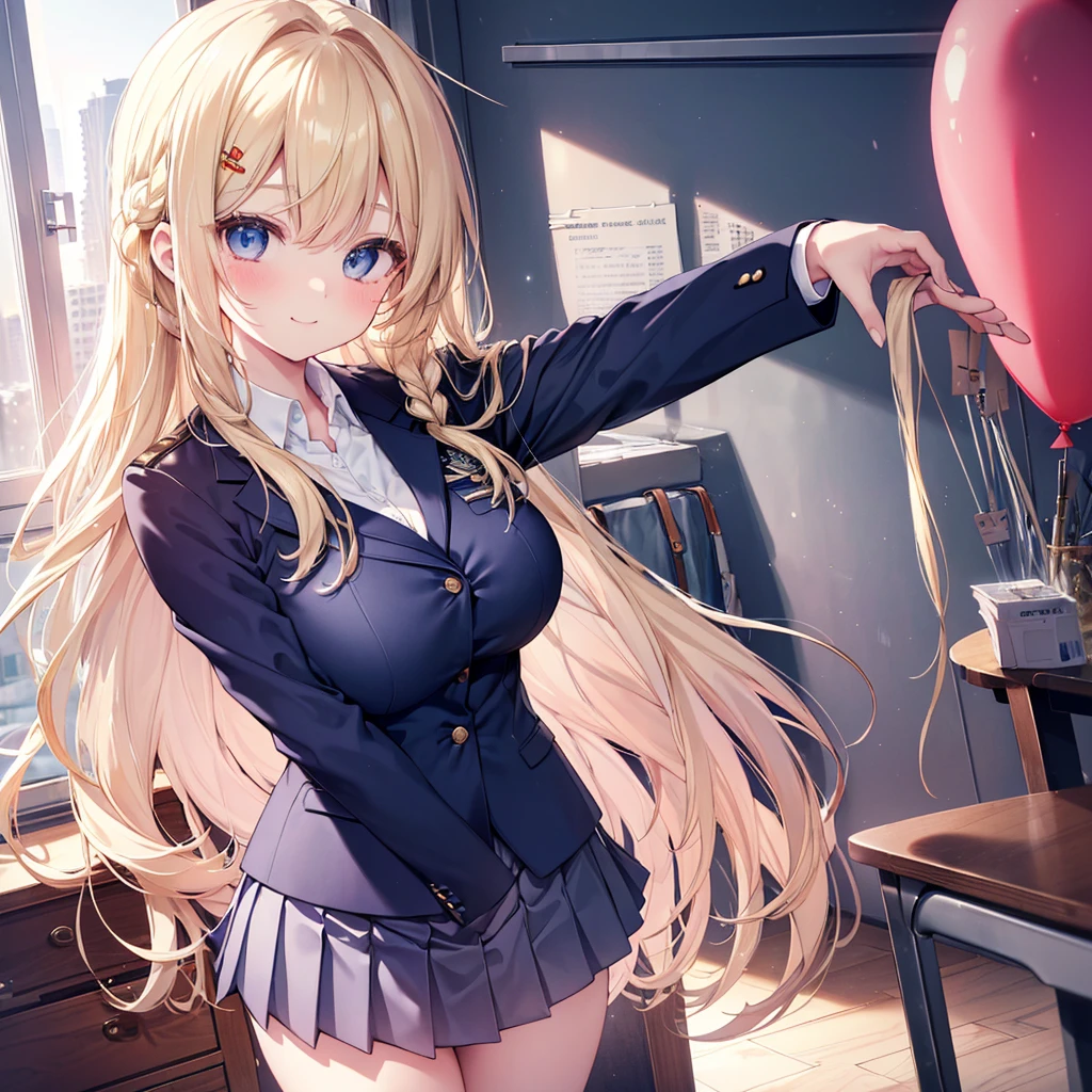 Masterpiece,Best Quality,(Super Detail),perfect writing, Highly detailed CG,Super detailed,(Highly detailed eyes,Very cute face,Highly detailed face:1.3),Beautiful Anime Girl,(Solo Girl),(Super huge boobs:1.1),(Sensual,Glamorous:1.4),(Blonde,super super long Hair that goes into her vagina,Twin braids),(balloon belly),  (Big light blue eyes),(Very happy smile,Open your mouth wide),break,(Navy Blue Blazer,Open outerwear:1.3),Collared shirt,White shirt,Pleated skirt,School classroom,Cowboy Shot,Place your hands on your chest,