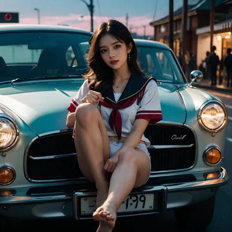 sfw, (closeup from crotch to face) extremelydetailed (schoolgirl lean against the car) spread knees up, perfect face, brilliant(...