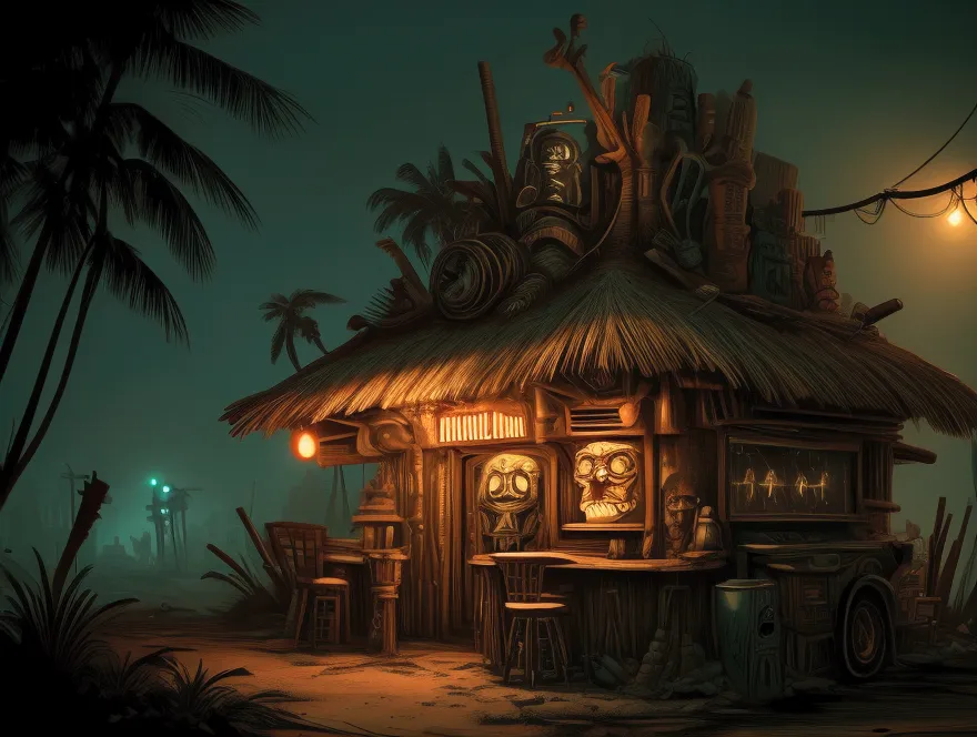 [core concept] an apocalyptic tiki bar at the literal and figurative end of the earth.

[character description] the bar is staff...