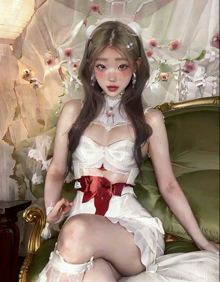 araffe woman in a white dress sitting on a green couch, pale porcelain white skin, loli in dress, sakimichan, pale milky white porcelain skin, seductive anime girl, porcelain white skin, ultrarealistic sweet bunny girl, anime girl in real life, japanese goddess, ahegao, belle delphine, sexy dress, anime girl cosplay