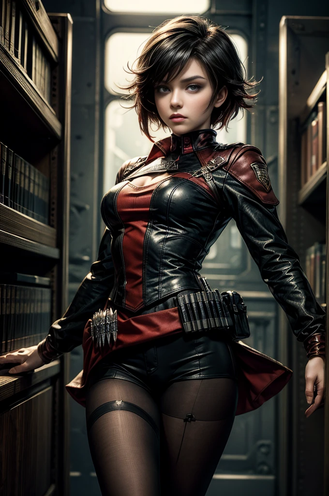 (masterpiece, best quality:1.2), cowboy shot, solo, dynamic pose, 1girl, ruby rose, looking at viewer, military uniform, pantyhose, in futuristic library