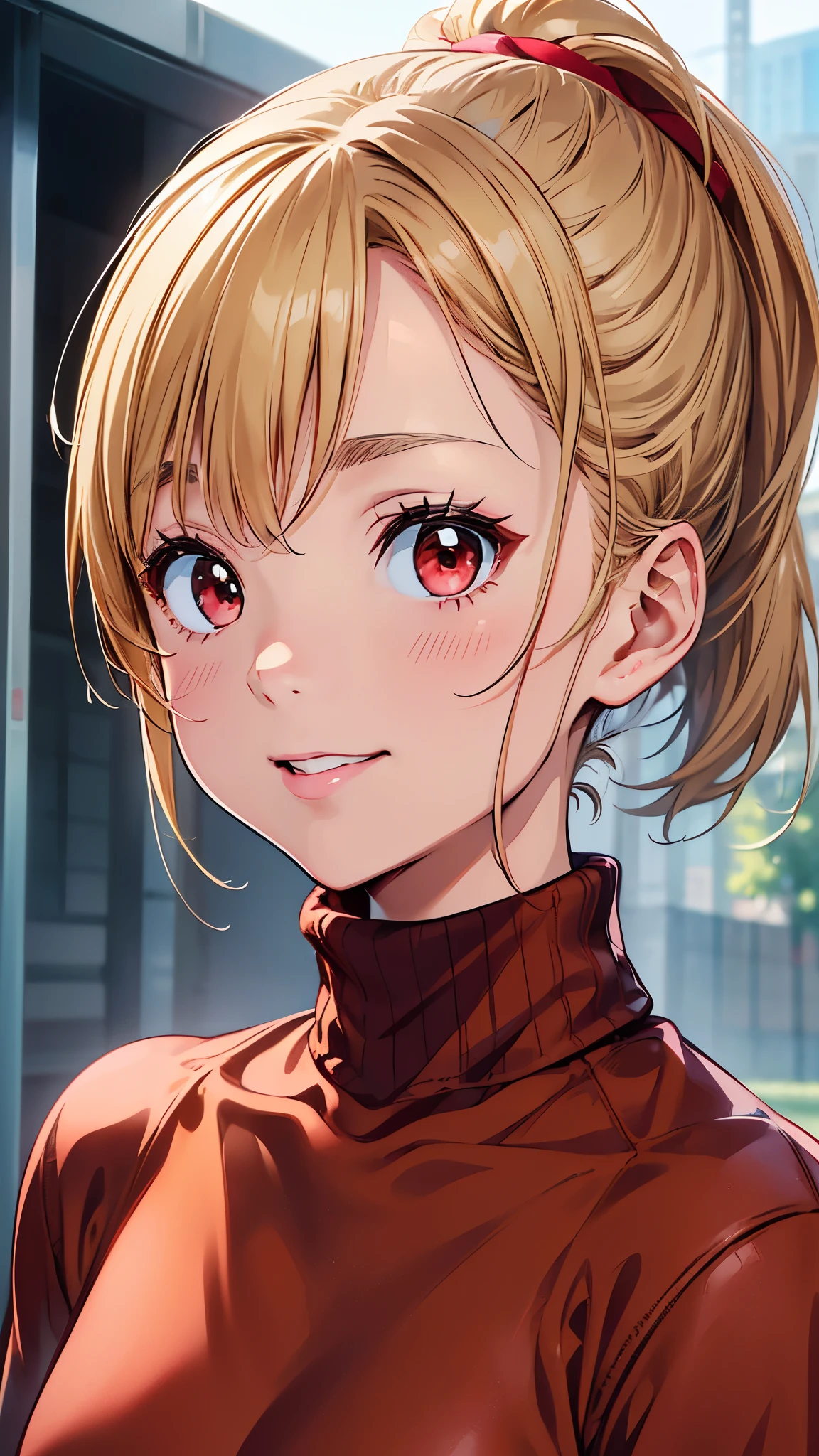 masterpiece、High resolution、High resolution、High resolution、1 female、Very close、Upper body close-up、((Blonde、ponytail、Beautiful red eyes、short hair))、A kind smile、Laughing with your mouth open、Pink Lip Gloss、((Wear a brown coat over a red turtleneck sweater))