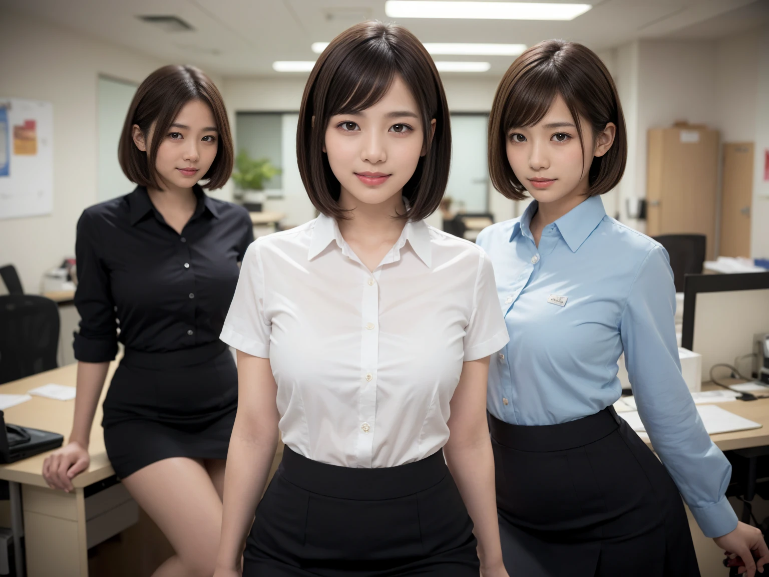 masterpiece, Highest quality, figure, Very detailed, The finer details, High resolution, 8k,wallpaper, Perfect dynamic composition,(Detailed high quality, Realistic depiction of eyes:1.3), (Three Girls), A tight-fitting business shirt with buttons on the collar and chest, Short tight skirt, Seraphim, Short Bob Hair, The background is an empty office, Deep in the field, Black hair color, Big Natural Color Lip, (Perfect figure), (smile)、Harajuku Style、Beautiful Japanese women:1.4), Adorable expression、Expressions of happiness、Very beautiful、Beautiful feet, Idol Sculpture