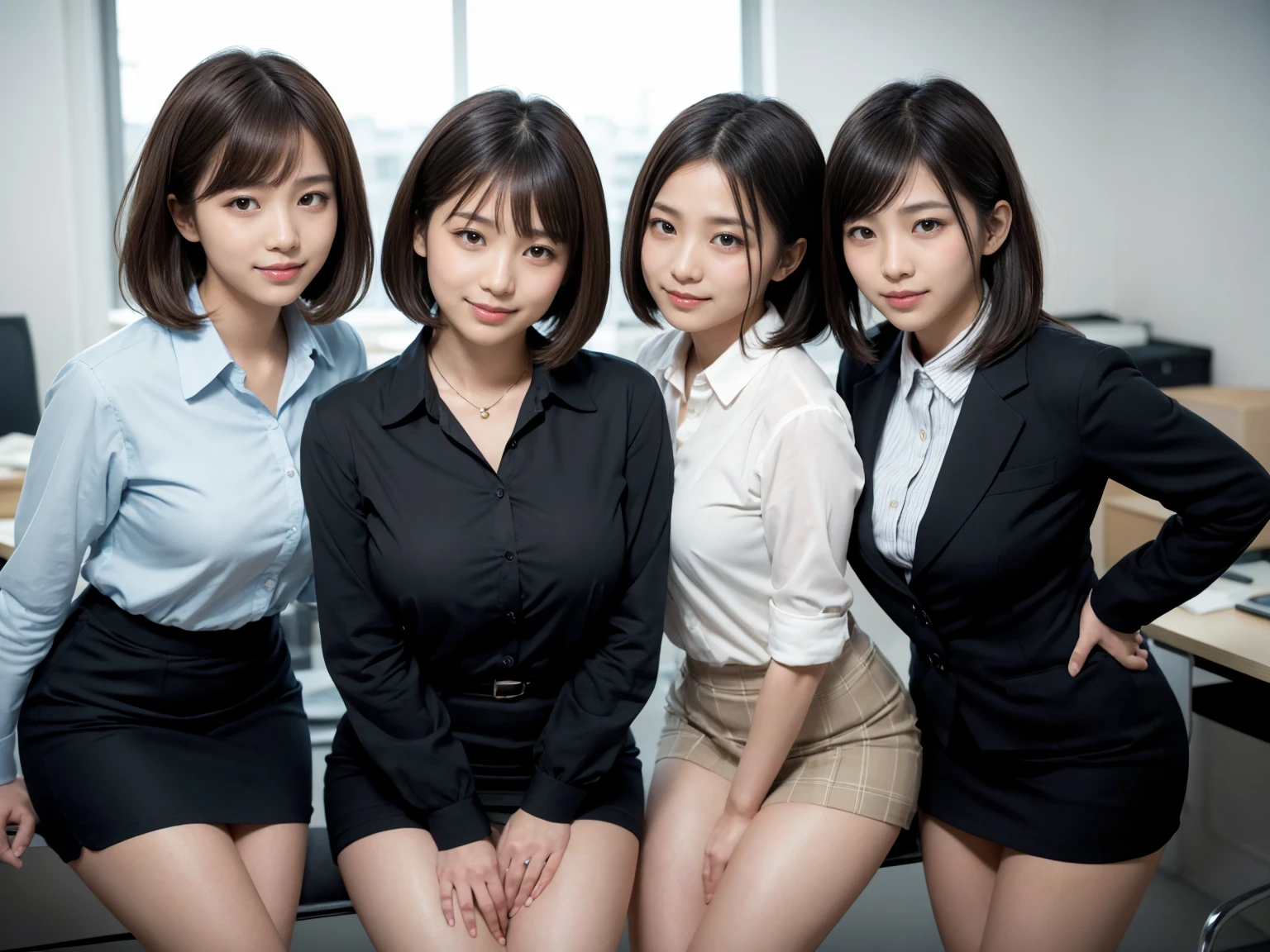 masterpiece, Highest quality, figure, Very detailed, The finer details, High resolution, 8k,wallpaper, Perfect dynamic composition,(Detailed high quality, Realistic depiction of eyes:1.3), (Three Girls), A tight-fitting business shirt with buttons on the collar and chest, Short tight skirt, Seraphim, Short Bob Hair, The background is an empty office, Deep in the field, Black hair color, Big Natural Color Lip, (Perfect figure), (smile)、Harajuku Style、Beautiful Japanese women:1.4), Adorable expression、Expressions of happiness、Very beautiful、Beautiful feet, Idol Sculpture