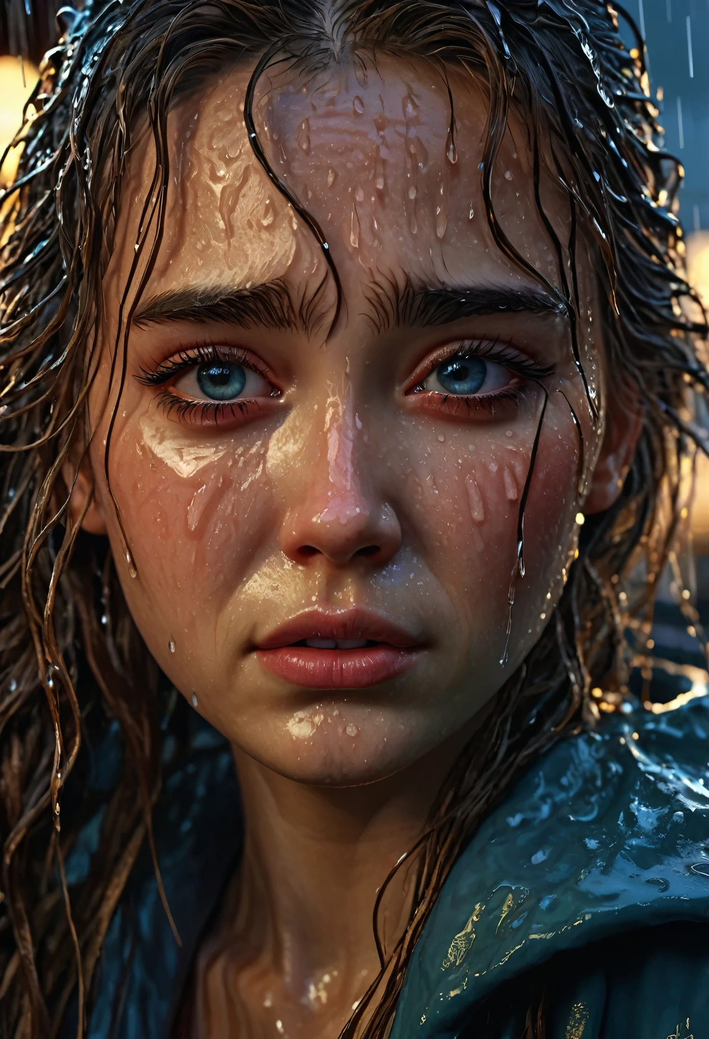 photorealistic, of the highest quality, Higher resolution, Super detailed, 16k, movie lighting, (rainy afternoon:1.4),(evening:1.4), (crying:1.4),(tears:1.4), Grandes tears, wet in the rain, wet hair, Light from the street lamp, detailed eyes, sad expression, tears run down my cheeks, Viewing angle like a classic movie., Works by famous directors., (1 girl in :1.4),Best Quality, mesa, (realist:1.2), young woman, Agitate, detailed face, detailed eyes, detailed hairs, detailed skin,look at the viewer, dramatic, Vibrant, (Best Quality Detail:1.2),8K High Definition,Ojos humedecidos con tears