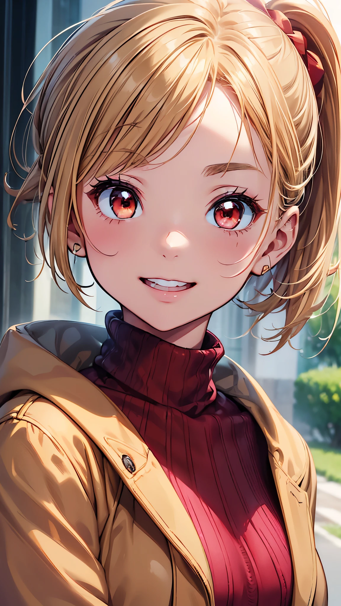 masterpiece、High resolution、High resolution、High resolution、1 female、Very close、Upper body close-up、((Blonde、ponytail、Beautiful red eyes、short hair))、A kind smile、Laughing with your mouth open、Pink Lip Gloss、((Wear a brown coat over a red turtleneck sweater))