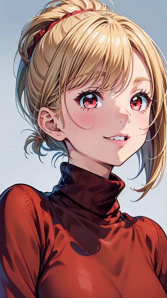 masterpiece、High resolution、High resolution、High resolution、1 female、Very close、profile、Upper body close-up、((Blonde、ponytail、Beautiful red eyes、short hair))、A kind smile、Laughing with your mouth open、Pink Lip Gloss、((Wear a brown coat over a red turtleneck sweater))