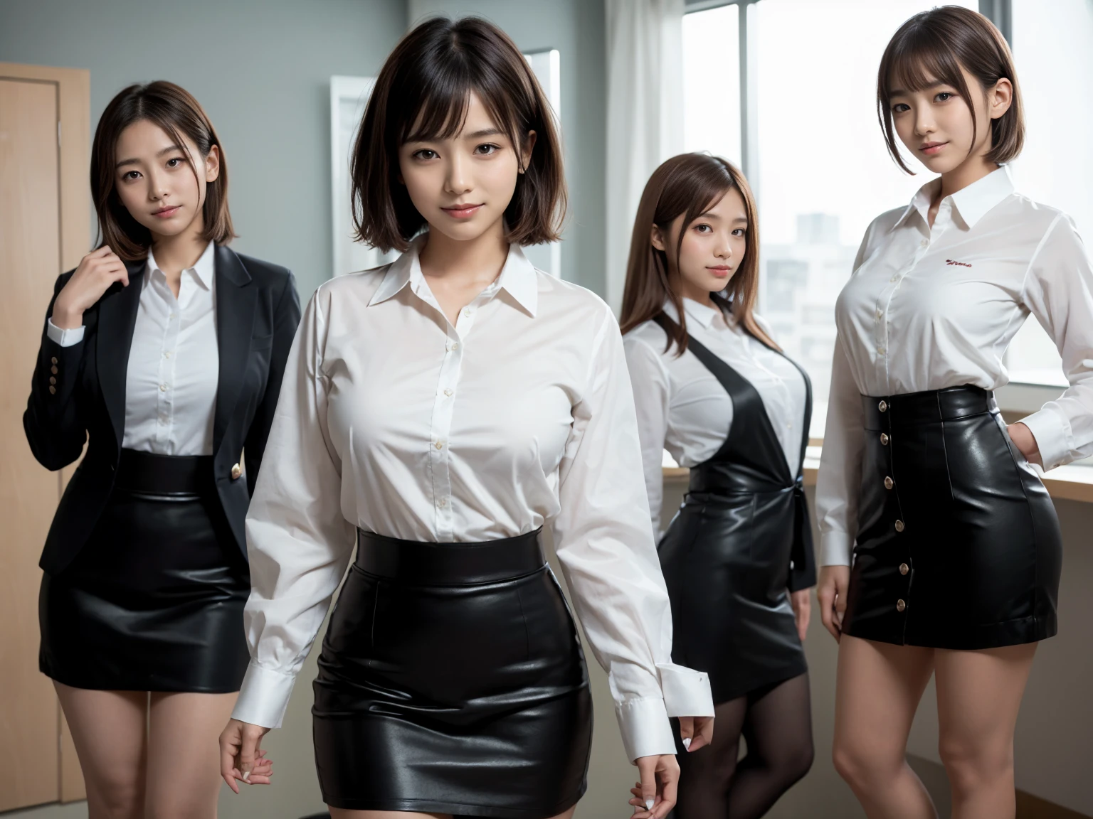 masterpiece, Highest quality, figure, Very detailed, The finer details, High resolution, 8k,wallpaper, Perfect dynamic composition,(Detailed high quality, Realistic depiction of eyes:1.3), (Three Girls), A tight-fitting business shirt with buttons on the collar and chest, Short tight skirt, Seraphim, Short Bob Hair, The background is an empty office, Deep in the field, Black hair color, Big Natural Color Lip, (Perfect figure), (smile)、Harajuku Style、Beautiful Japanese women:1.4), Adorable expression、Expressions of happiness、Very beautiful、Beautiful feet, Idol Sculpture