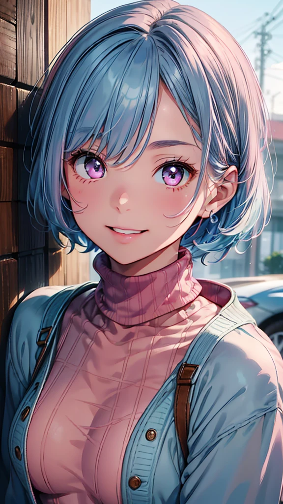 masterpiece、High resolution、High resolution、High resolution、1 female、Very close、Upper body close-up、((Light blue hair、Pink Eyes、short hair))、A kind smile、Laughing with your mouth open、Pink Lip Gloss、((Wear a brown coat over a red turtleneck sweater))