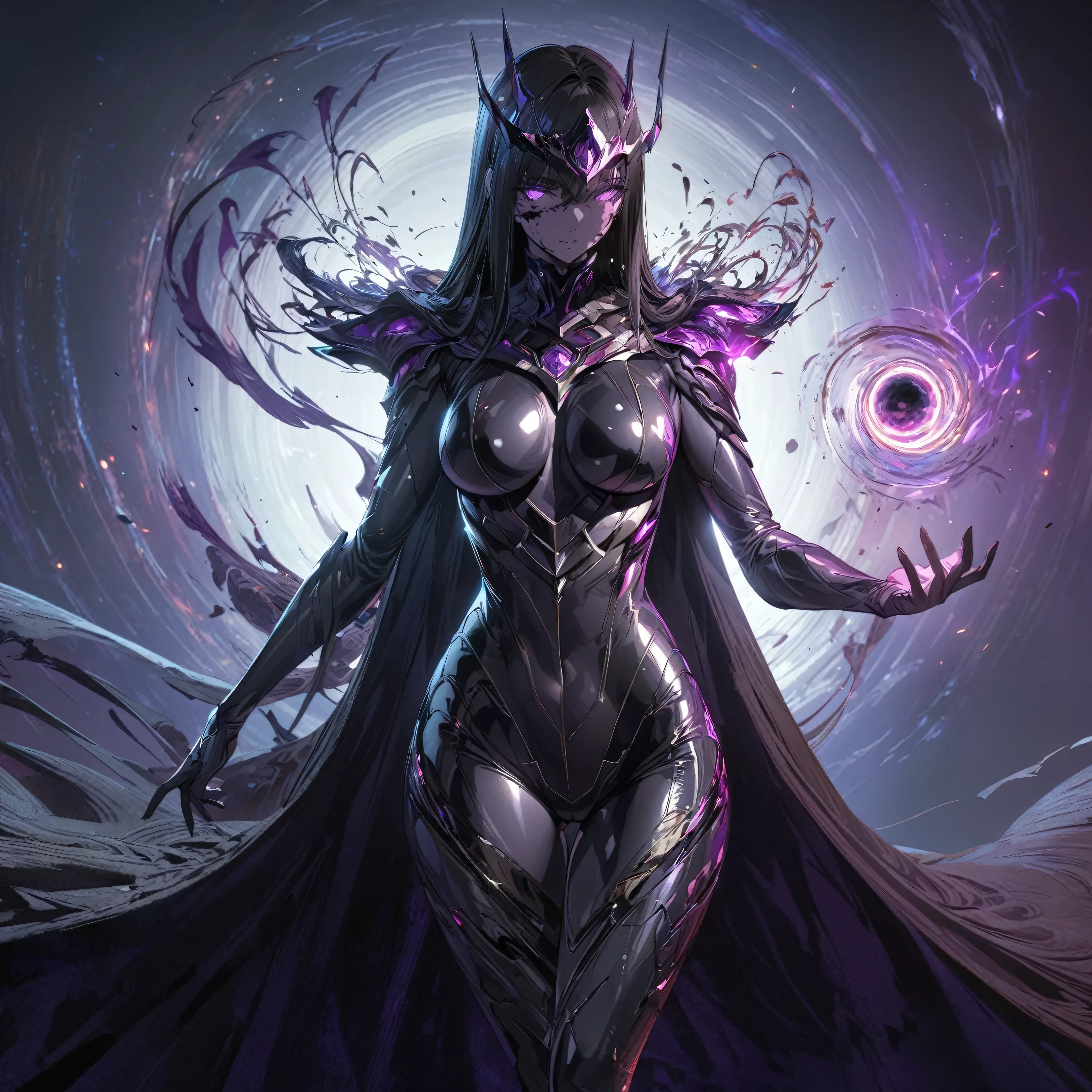 A female character in a sleek, dark, form-fitting bodysuit with a deep purple and black color scheme, glowing void patterns that pulse with an eerie light, long flowing cloak with a tattered edge, intricate armor pieces on her shoulders and arms, mysterious, standing in a dynamic pose with one hand outstretched summoning void energy, a swirling void portal opening behind her, and a simple background with a dark, starry expanse, sexy, nude, hot, gorgeous, beautiful, very hot, best body, best breast, detailed gorgeous face| anime style| key visual| intricate detail| highly detailed| breathtaking| vibrant| panoramic| cinematic| Carne Griffiths| Conrad Roset| gibbli 8k.