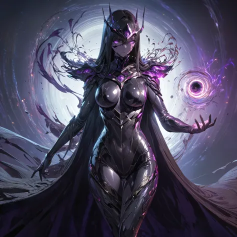 a female character in a sleek, dark, form-fitting bodysuit with a deep purple and black color scheme, glowing void patterns that...