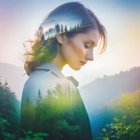 woman, martin dietrich style, double exposure photography, nikon 14-24mm f/2.8g and, nature photography, soft light 、colorful im...