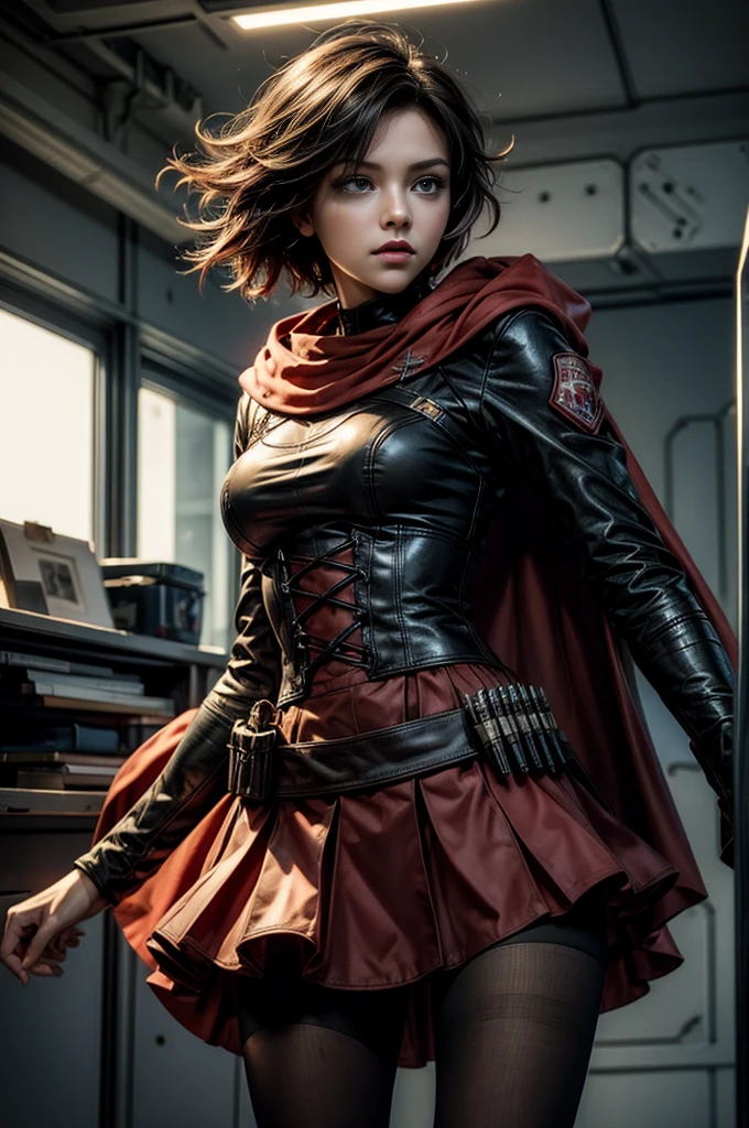 (masterpiece, best quality:1.2), cowboy shot, solo, dynamic pose, 1girl, ruby rose, looking at viewer, military uniform, cape, pantyhose, in futuristic office