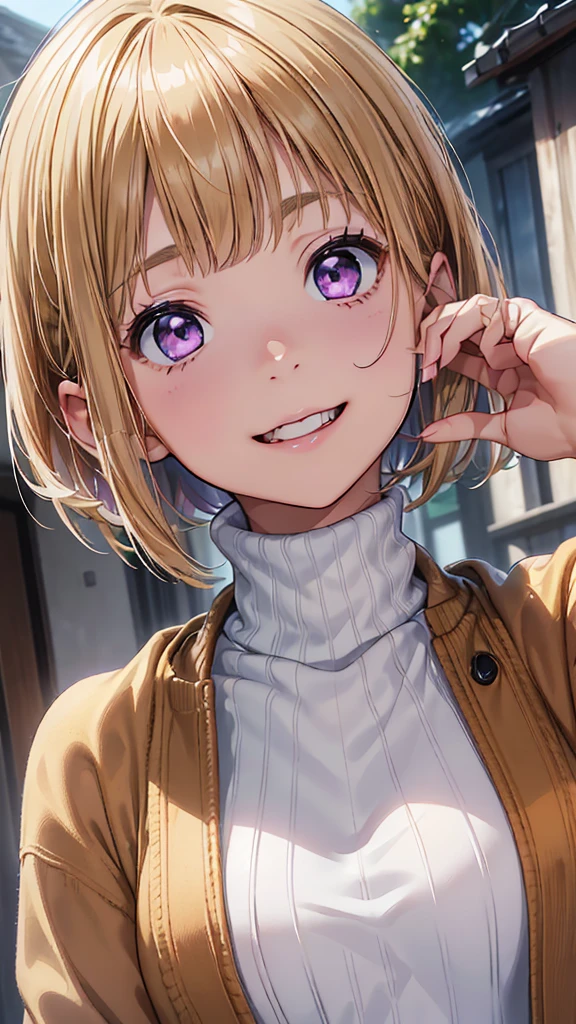 masterpiece、High resolution、High resolution、High resolution、1 female、Very close、Upper body close-up、((Blonde、Blunt bangs、Straight hair、Bobcut、Purple eyes))、A kind smile、Laughing with your mouth open、Pink Lip Gloss、((Wear a brown coat over a white turtleneck sweater))