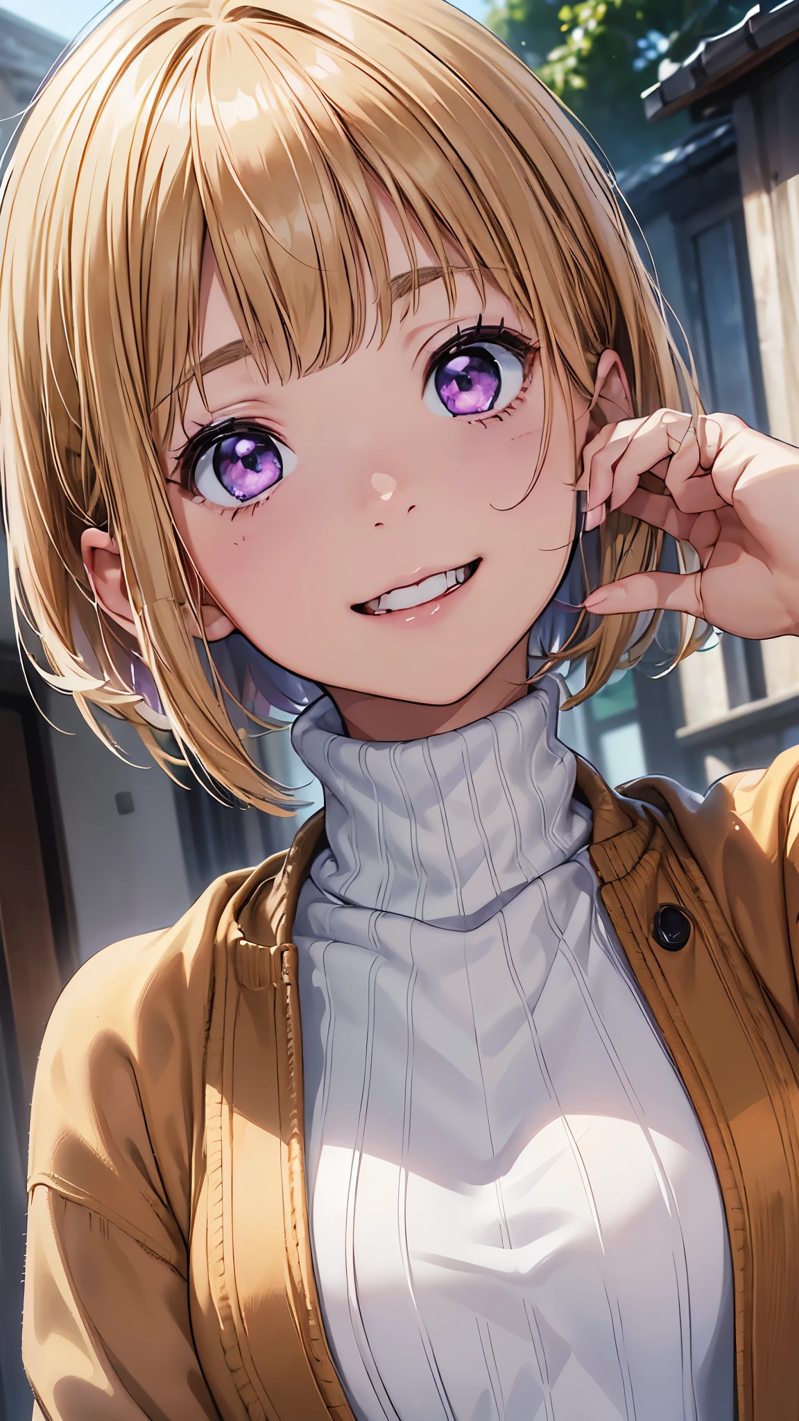 masterpiece、High resolution、High resolution、High resolution、1 female、Very close、Upper body close-up、((Blonde、Blunt bangs、Straight hair、Bobcut、Purple eyes))、A kind smile、Laughing with your mouth open、Pink Lip Gloss、((Wear a brown coat over a white turtleneck sweater))