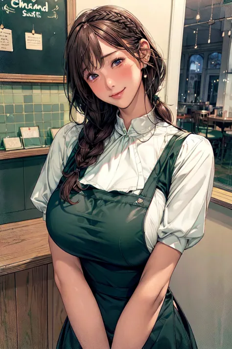 only one female, /(staff uniform/) /(dark green apron/), /(brown hair/) bangs, a gentle blushing smile, (masterpiece top quality...