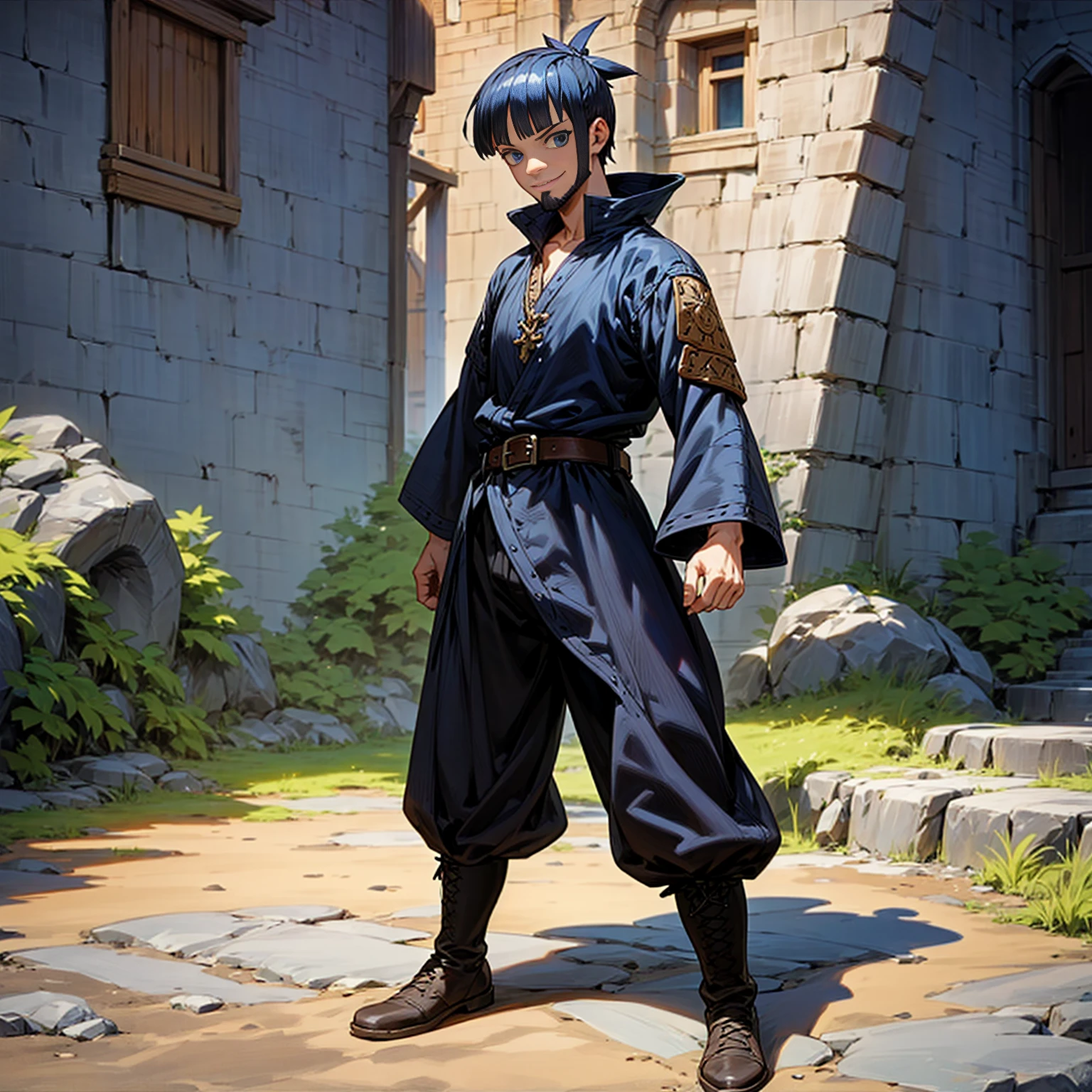 Solo character, old man, beard, full body version, blue eyes, black half blue colour hair, short mohawk haircut, casual clothing, black color clothing, black pants, belt, boots, outdoor, village, medieval, afternoon, standing gesture, detailed clothing, detailed hair, detailed background, (one piece style art), smile mouth, happy,