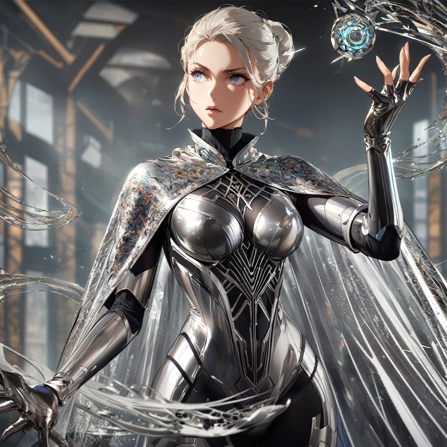 A female character in a strong, confident pose, wearing an outfit that fits the 'Steel Illusion' power. She is dressed in a sleek, metallic bodysuit with intricate, shimmering patterns resembling steel plates. Her gloves are long and metallic, while her boots are armored and have a futuristic design. She wears a semi-transparent cape that shimmers like flowing steel. She is surrounded by faint, illusionary steel structures, with one hand raised as if controlling them. The background is a simple, dimly lit industrial setting, focusing on her and her illusions, sexy, nude, hot, gorgeous, beautiful, very hot, best body, best breast, detailed gorgeous face| anime style| key visual| intricate detail| highly detailed| breathtaking| vibrant| panoramic| cinematic| Carne Griffiths| Conrad Roset| gibbli 8k.