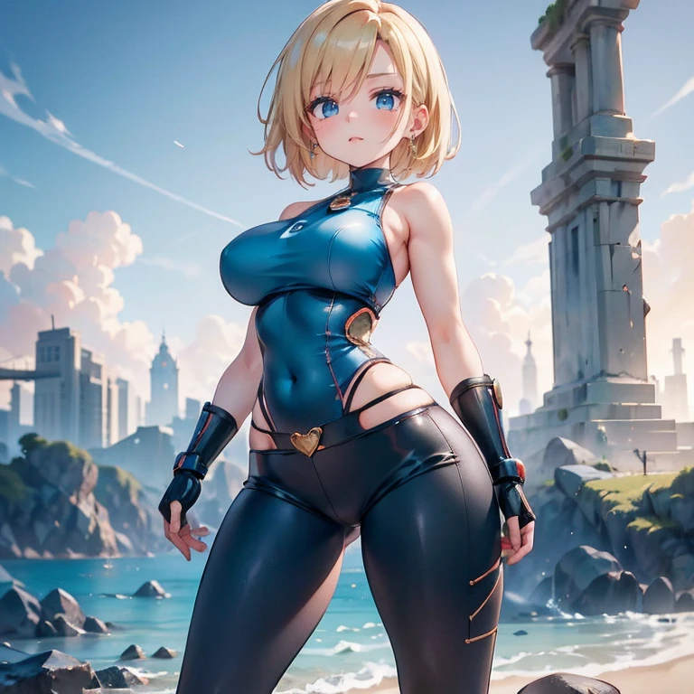 Anime Kawaii sexy Perfect Slim sensual body large breast and huge thighs, An intricate and highly detailed illustration of anime (Young girl)  Steppiece, best qualityer, ultra detali, absurdrez, Portrait of the cute android18DB, lifelike face, standing alone, aretes, jewerly, , Coraggioso, closed shadow, the beach, mitts, necklase, stone, standing, fighting position, volumetric lighting, best qualityer, tabletop, details Intricate, tone mapping, sharp focus, hyper detailled　Short pants　sleeveless