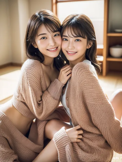 (masterpiece:1.3), (8k, photoreal, raw photo, best image quality: 1.4), japanese high school girl、similar identical twins、2 girl...