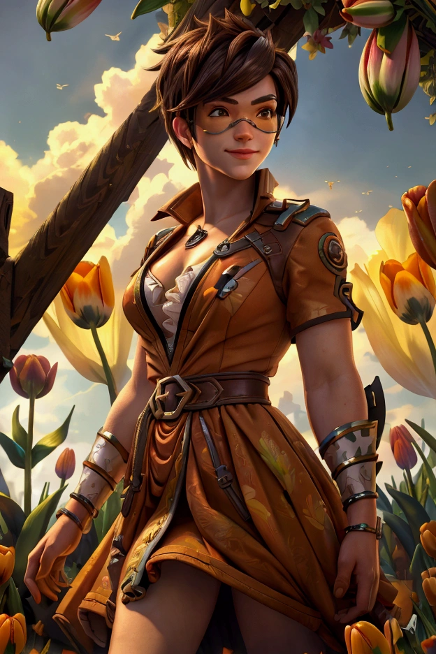 Masterpiece, Best Quality, Super Detailed, High Definition, Expensive Resolution, HDR, Super Detailed CG, Beautiful Details, Depth, Fine Texture, Super Fine, Complete concentration, (Tracer), sexy, pale skin, brown hair, smirk, orange dress, pelvic curtain, (in a tulip field), surrounded by tulips, vibrant colors, detailed eyes, highly detailed, fine detail, intricate details, volumetric lighting, 