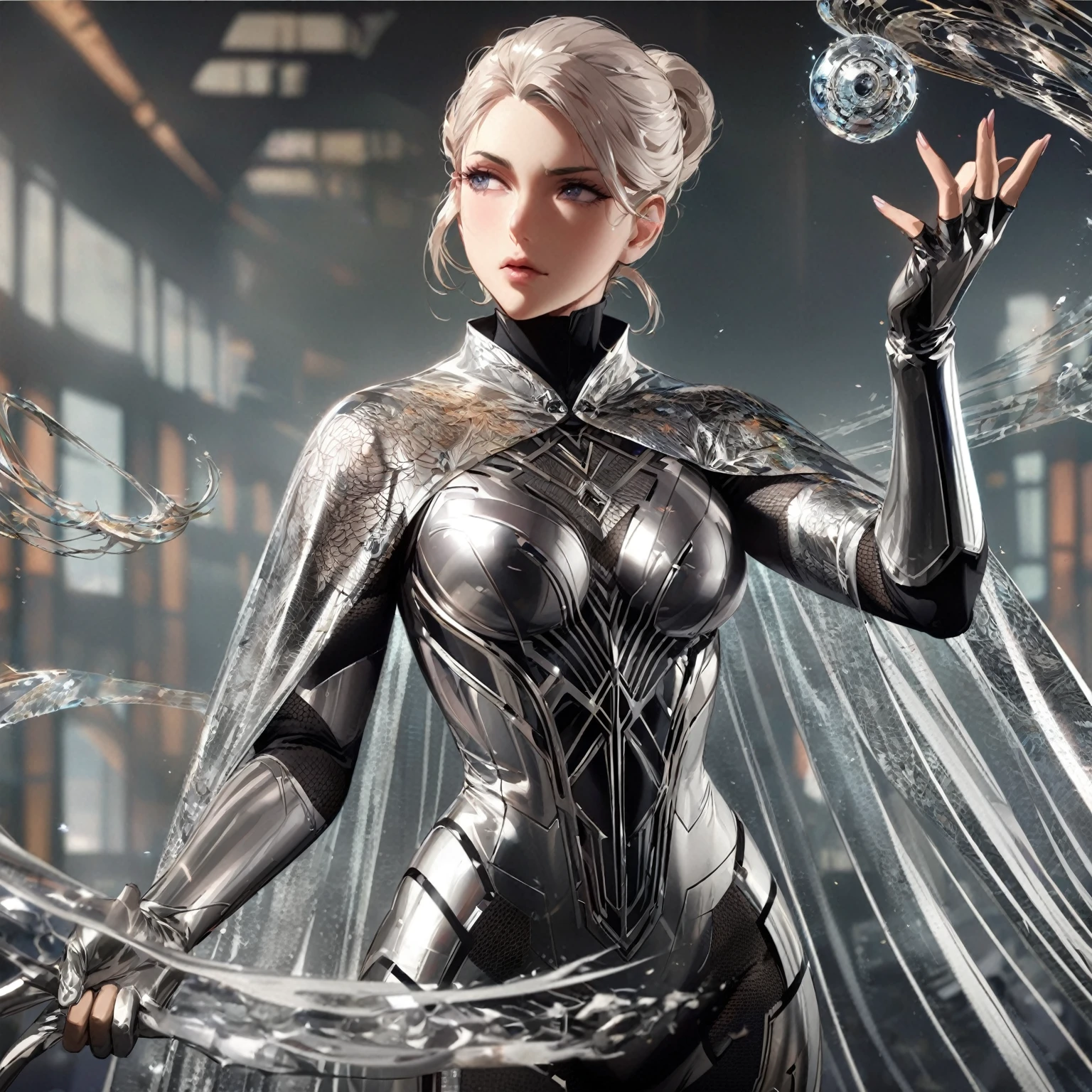 A female character in a strong, confident pose, wearing an outfit that fits the 'Steel Illusion' power. She is dressed in a sleek, metallic bodysuit with intricate, shimmering patterns resembling steel plates. Her gloves are long and metallic, while her boots are armored and have a futuristic design. She wears a semi-transparent cape that shimmers like flowing steel. She is surrounded by faint, illusionary steel structures, with one hand raised as if controlling them. The background is a simple, dimly lit industrial setting, focusing on her and her illusions, sexy, nude, hot, gorgeous, beautiful, very hot, best body, best breast, detailed gorgeous face| anime style| key visual| intricate detail| highly detailed| breathtaking| vibrant| panoramic| cinematic| Carne Griffiths| Conrad Roset| gibbli 8k.