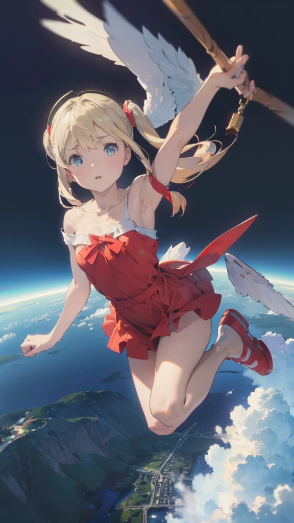 (Complete limbs)(Full Finger)(High resolution), (Very detailed)((masterpiece))((Highest quality))(Blonde)(Becoming an angel and flying in the sky、Falling、sky diving)Twin tails、In the sky、No clothes hanging on my shoulders、 Off the shoulder、Sleeveless、Character Design、Red dress、