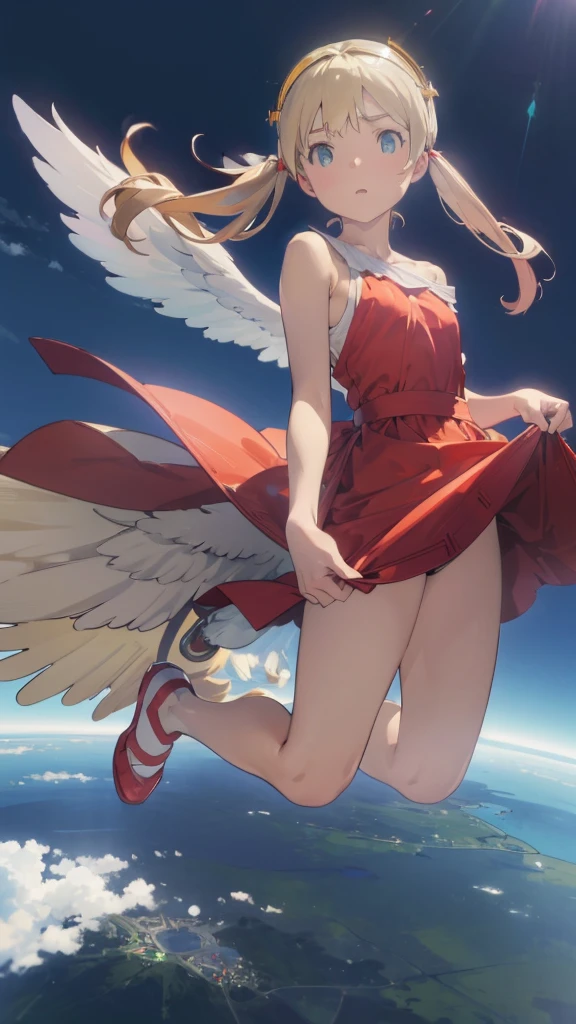 (Complete limbs)(Full Finger)(High resolution), (Very detailed)((masterpiece))((Highest quality))(Blonde)(Becoming an angel and flying in the sky、Falling、sky diving)Twin tails、In the sky、No clothes hanging on my shoulders、 Off the shoulder、Sleeveless、Character Design、Red dress、