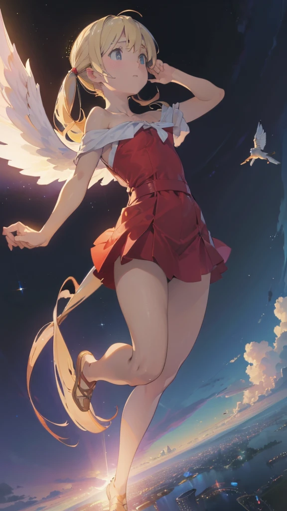 (Complete limbs)(Full Finger)(High resolution), (Very detailed)((masterpiece))((Highest quality))(Blonde)(Becoming an angel and flying in the sky、Falling、sky diving)Twin tails、In the sky、No clothes hanging on my shoulders、 Off the shoulder、Sleeveless、Character Design、Red dress、