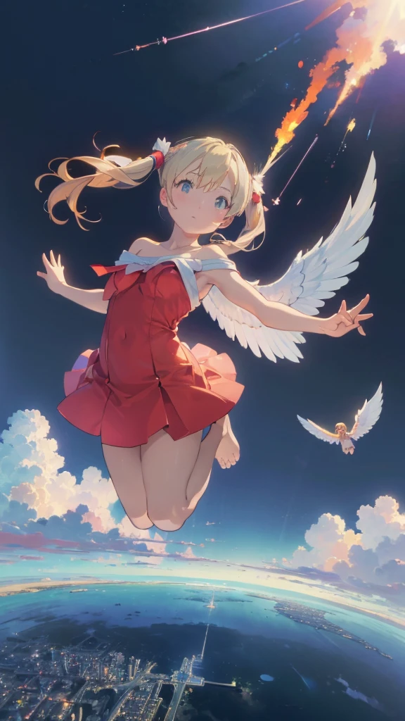 (Complete limbs)(Full Finger)(High resolution), (Very detailed)((masterpiece))((Highest quality))(Blonde)(Becoming an angel and flying in the sky、Falling、sky diving)Twin tails、In the sky、No clothes hanging on my shoulders、 Off the shoulder、Sleeveless、Character Design、Red dress、