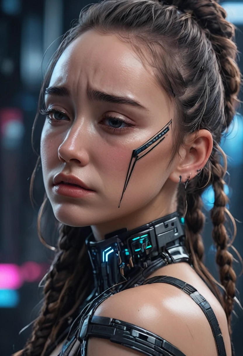 a closeup of a woman (((Alycia Jasmin Debnam-Carey))) naked with a tattoo on her arm, A black line painted across his eyes like in The 100. , cyberpunk beautiful girl, beautiful cyberpunk girl face, cyberpunk dreamy girl, Ultra-realistic 8K cyberpunk art, cyberpunk 2 0 years. o model girl, beautiful cyberpunk woman model, The portrait of the cyberpunk girl, Highly detailed 4K digital art, beautiful digital artwork, Cyborg Cyberpunk. rosa, 4k realistic digital art, She is crying, her expression is sad and melancholic.