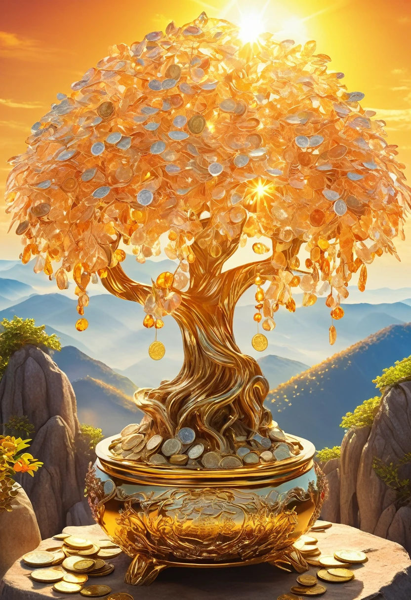 (masterpiece, Highest quality:1.2), Crystal Money Tree on the Mountaintop，The sun shines on the money tree（ （（sunset））），Bright warm colors（ （（充满阳光元素的masterpiece）））（（Highest quality））， （（Intricate details））（8k）