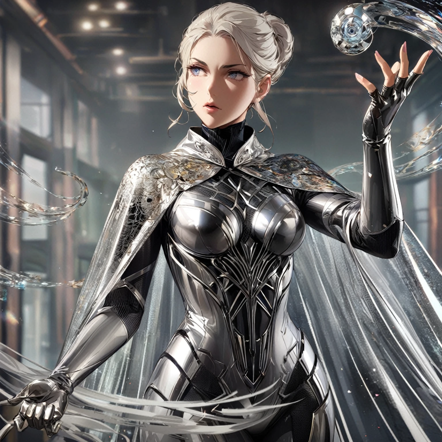 A female character in a strong, confident pose, wearing an outfit that fits the 'Steel Illusion' power. She is dressed in a sleek, metallic bodysuit with intricate, shimmering patterns resembling steel plates. Her gloves are long and metallic, while her boots are armored and have a futuristic design. She wears a semi-transparent cape that shimmers like flowing steel. She is surrounded by faint, illusionary steel structures, with one hand raised as if controlling them. The background is a simple, dimly lit industrial setting, focusing on her and her illusions, sexy, nude, hot, gorgeous, beautiful, very hot, best body, best breast, detailed gorgeous face| anime style| key visual| intricate detail| highly detailed| breathtaking| vibrant| panoramic| cinematic| Carne Griffiths| Conrad Roset| gibbli 8k.