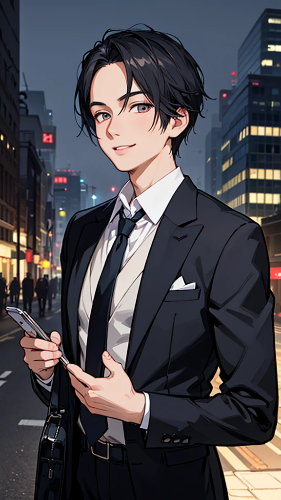 Anime Style, masterpiece, high quality, Style sheet, Fantasy, salaryman, 1 person, Detailed face, Realistic eyes, Realistic lips, Elegant suits, tie, briefcase, urban landscape background, Dramatic lighting, Vibrant colors, Structure of the film, Realistic, 8K, Super detailed,smile