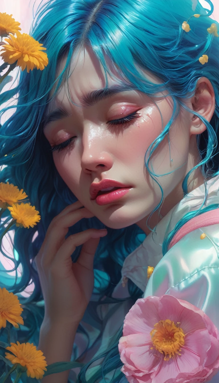 crying, Aesthetic, extremely detailed, crying eyes, Sweet, vaporwave Aesthetic, synthesized wave, Digital paint, art station, Conceptual art, seeds, sharp focus, illustration, Art by Artgerm and Greg Rutkowski and Alphonse Mucha