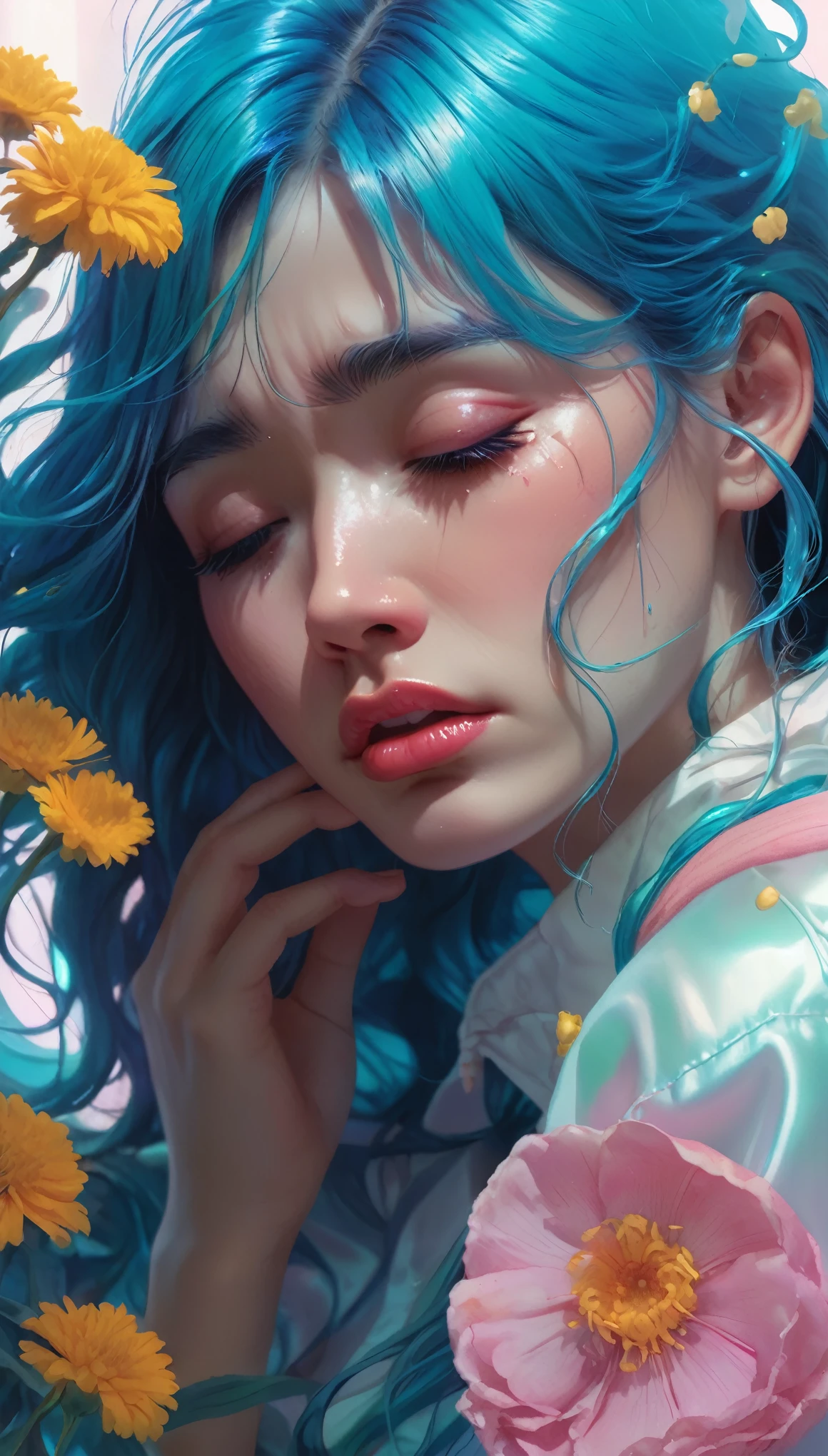 crying, Aesthetic, extremely detailed, crying eyes, Sweet, vaporwave Aesthetic, synthesized wave, Digital paint, art station, Conceptual art, seeds, sharp focus, illustration, Art by Artgerm and Greg Rutkowski and Alphonse Mucha