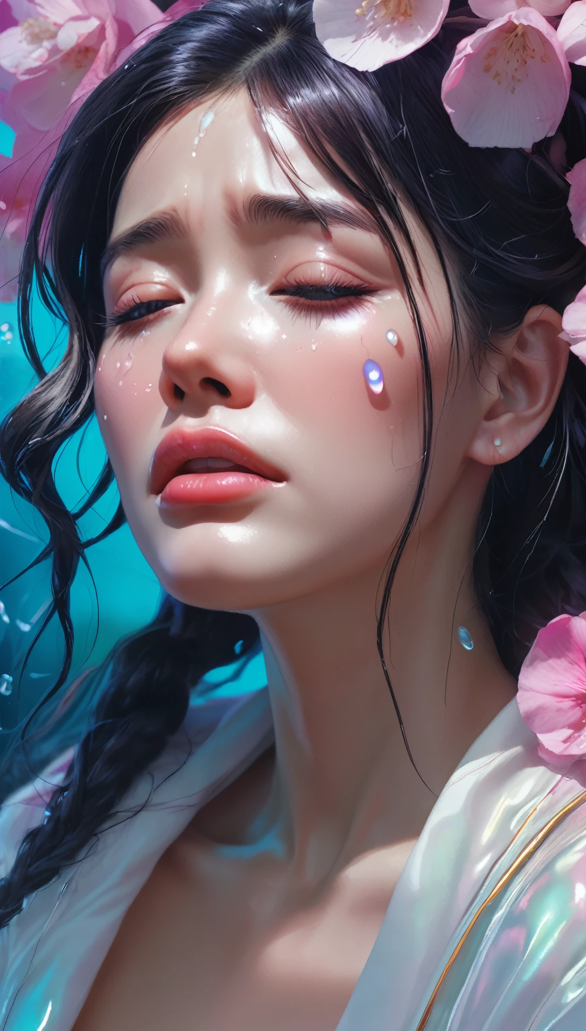 crying, Aesthetic, extremely detailed, crying eyes, Sweet, vaporwave Aesthetic, synthesized wave, Digital paint, art station, Conceptual art, seeds, sharp focus, illustration, Art by Artgerm and Greg Rutkowski and Alphonse Mucha