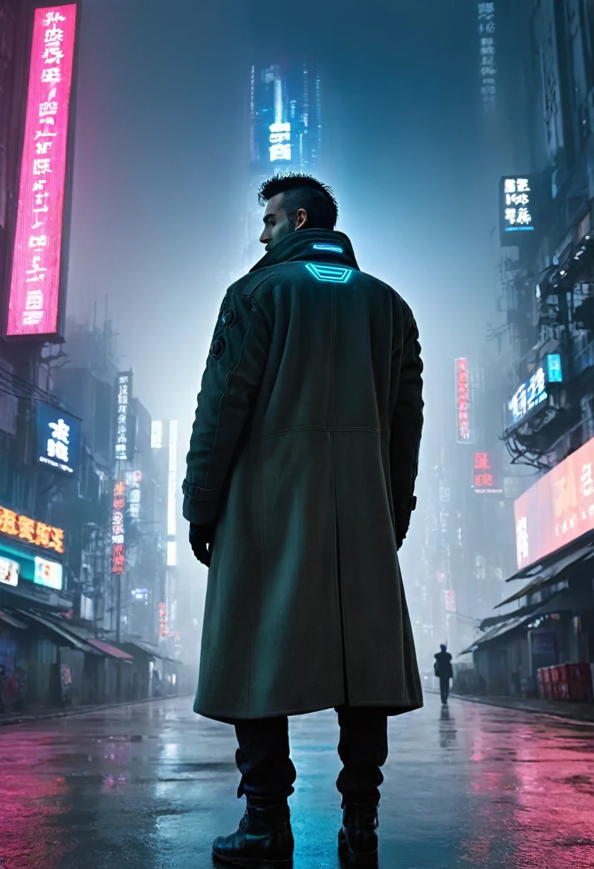 masterpiece, best quality, 1man, alone in the middle of city, background is a cyberpunk city, head looking up, there is a big billboard, cinematic lighting, conematic, the city is empty, foggy, wearing long coat