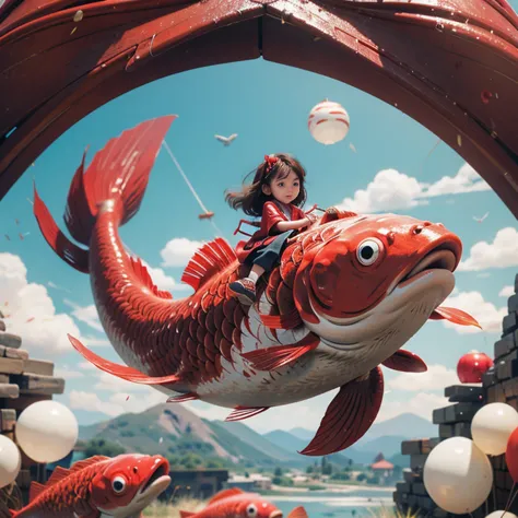 1girl,red fish,kid,chinese clothing,masterpiece,best quality,ultra-detailed,riding,